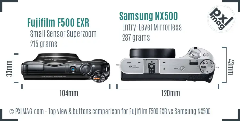 Fujifilm F500 EXR vs Samsung NX500 top view buttons comparison Fujifilm F500 EXR vs Samsung NX500 top view buttons comparison