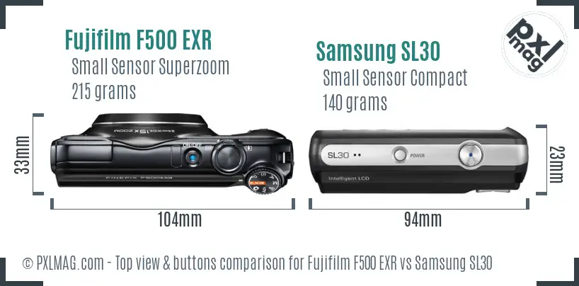Fujifilm F500 EXR vs Samsung SL30 top view buttons comparison