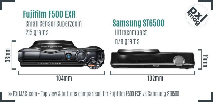 Fujifilm F500 EXR vs Samsung ST6500 top view buttons comparison Fujifilm F500 EXR vs Samsung ST6500 top view buttons comparison