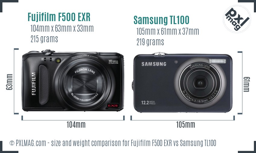 Fujifilm F500 EXR vs Samsung TL100 size comparison