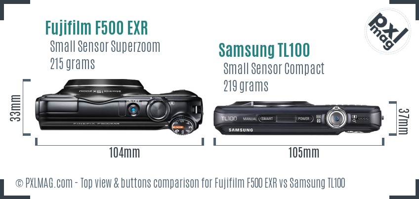 Fujifilm F500 EXR vs Samsung TL100 top view buttons comparison