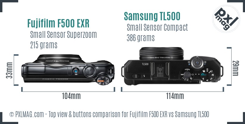 Fujifilm F500 EXR vs Samsung TL500 top view buttons comparison