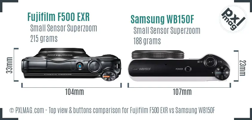 Fujifilm F500 EXR vs Samsung WB150F top view buttons comparison Fujifilm F500 EXR vs Samsung WB150F top view buttons comparison