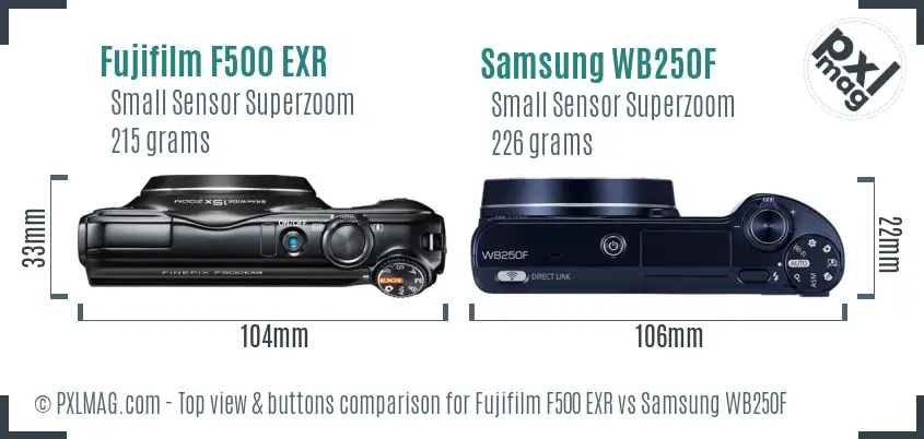 Fujifilm F500 EXR vs Samsung WB250F top view buttons comparison