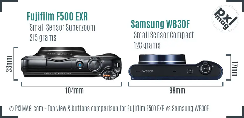 Fujifilm F500 EXR vs Samsung WB30F top view buttons comparison
