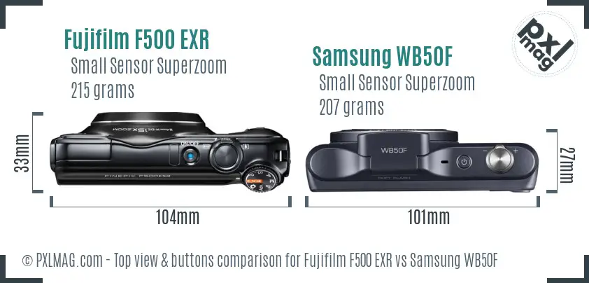 Fujifilm F500 EXR vs Samsung WB50F top view buttons comparison