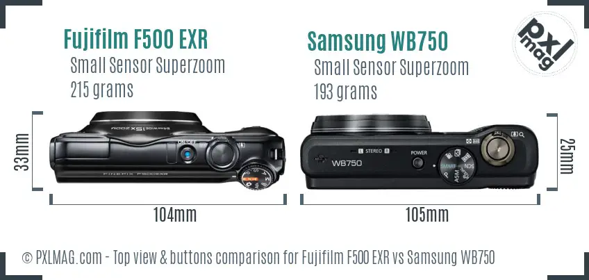 Fujifilm F500 EXR vs Samsung WB750 top view buttons comparison