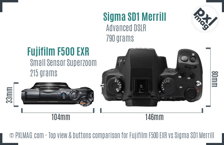 Fujifilm F500 EXR vs Sigma SD1 Merrill top view buttons comparison