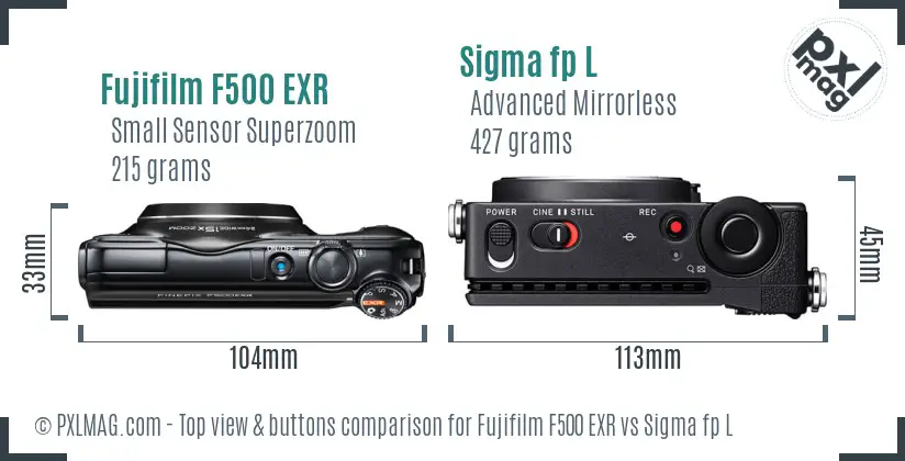 Fujifilm F500 EXR vs Sigma fp L top view buttons comparison Fujifilm F500 EXR vs Sigma fp L top view buttons comparison