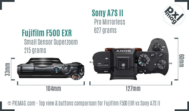 Fujifilm F500 EXR vs Sony A7S II top view buttons comparison
