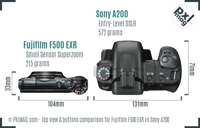 Fujifilm F500 EXR vs Sony A200 top view buttons comparison