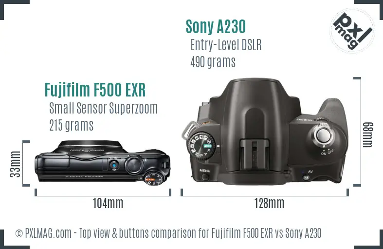 Fujifilm F500 EXR vs Sony A230 top view buttons comparison Fujifilm F500 EXR vs Sony A230 top view buttons comparison