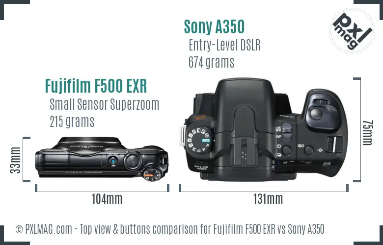 Fujifilm F500 EXR vs Sony A350 top view buttons comparison