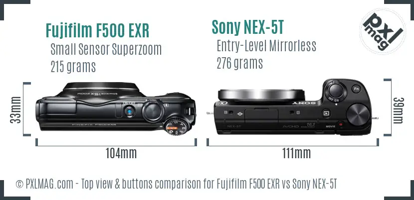 Fujifilm F500 EXR vs Sony NEX-5T top view buttons comparison Fujifilm F500 EXR vs Sony NEX-5T top view buttons comparison
