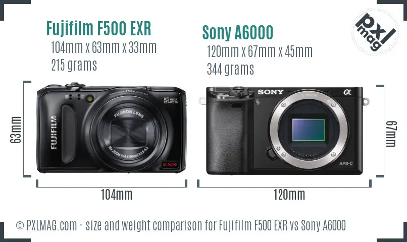 Fujifilm F500 EXR vs Sony A6000 size comparison