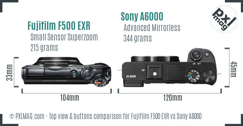 Fujifilm F500 EXR vs Sony A6000 top view buttons comparison