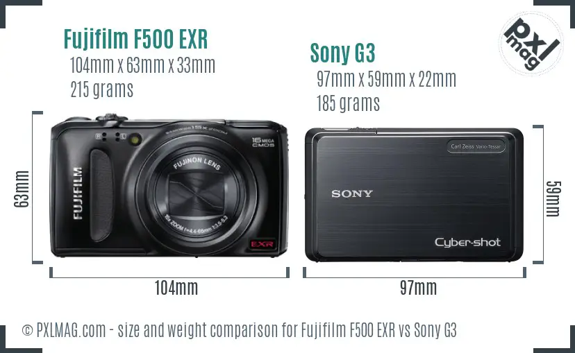 Fujifilm F500 EXR vs Sony G3 size comparison