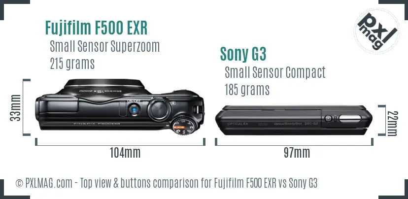 Fujifilm F500 EXR vs Sony G3 top view buttons comparison