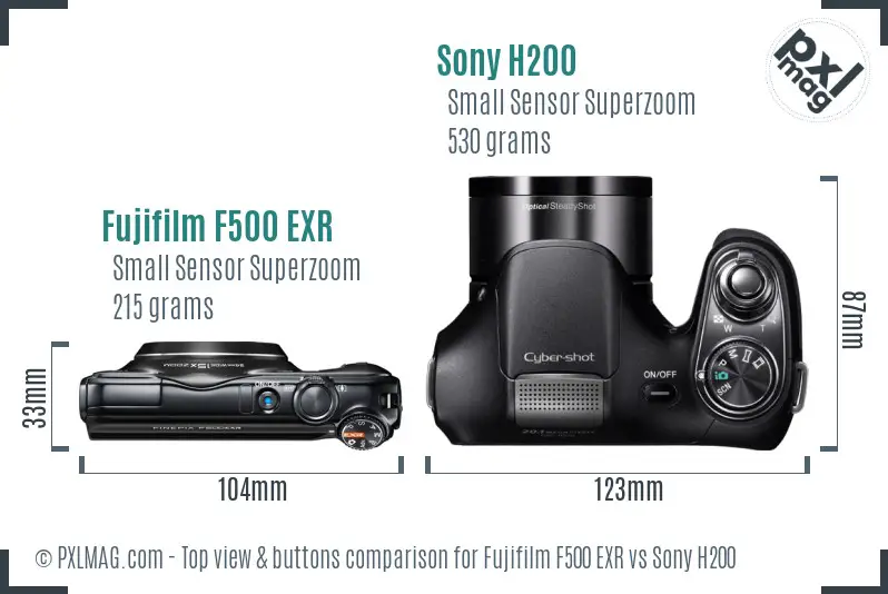 Fujifilm F500 EXR vs Sony H200 top view buttons comparison Fujifilm F500 EXR vs Sony H200 top view buttons comparison