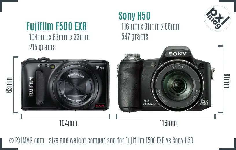 Fujifilm F500 EXR vs Sony H50 size comparison