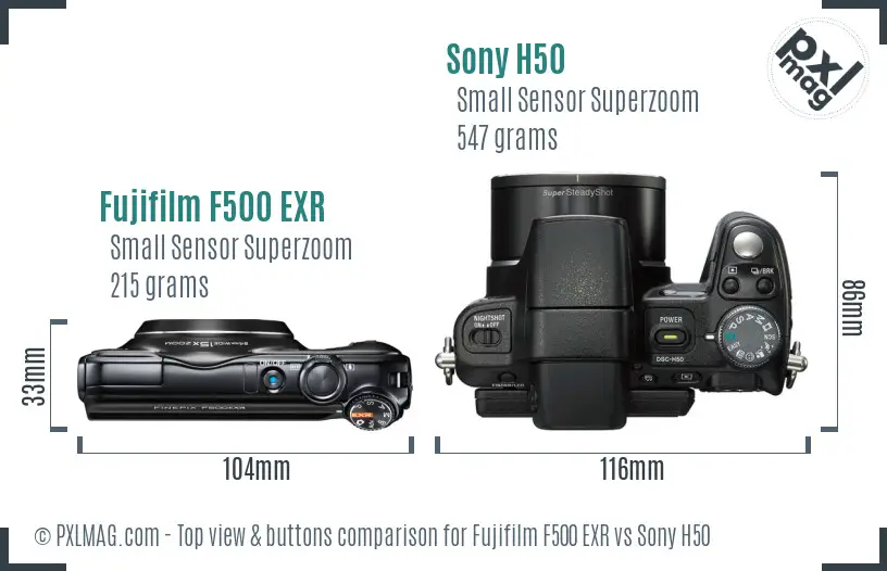 Fujifilm F500 EXR vs Sony H50 top view buttons comparison