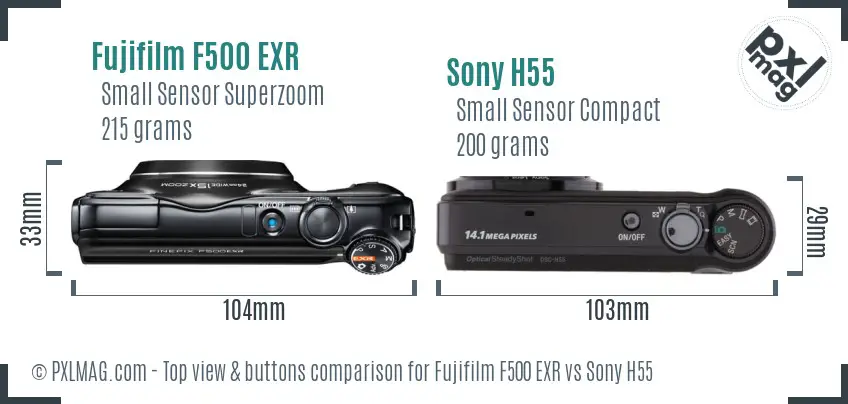 Fujifilm F500 EXR vs Sony H55 top view buttons comparison