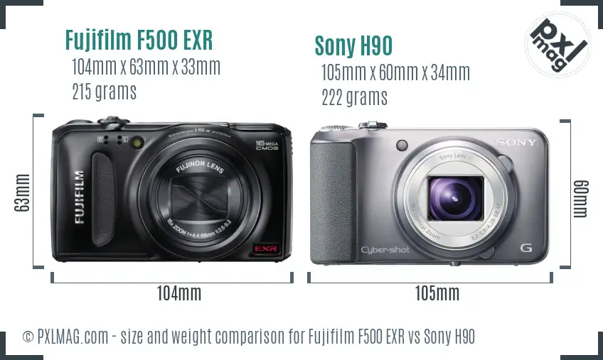 Fujifilm F500 EXR vs Sony H90 size comparison