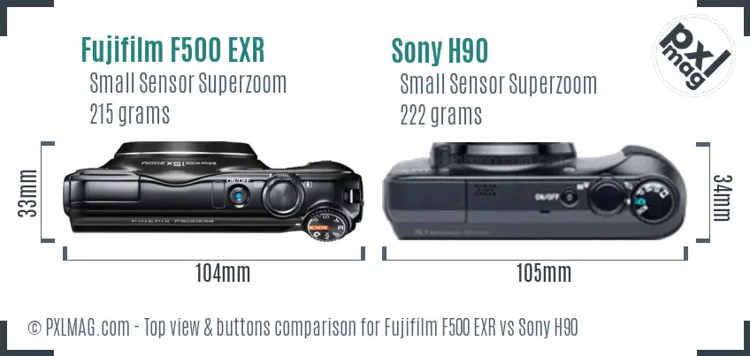 Fujifilm F500 EXR vs Sony H90 top view buttons comparison