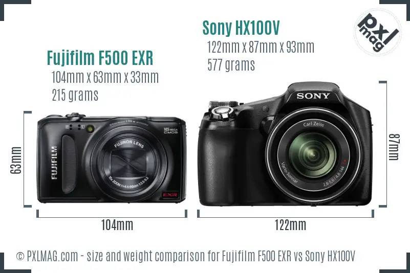 Fujifilm F500 EXR vs Sony HX100V size comparison