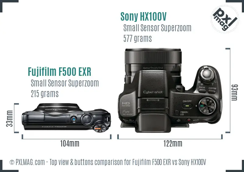 Fujifilm F500 EXR vs Sony HX100V top view buttons comparison