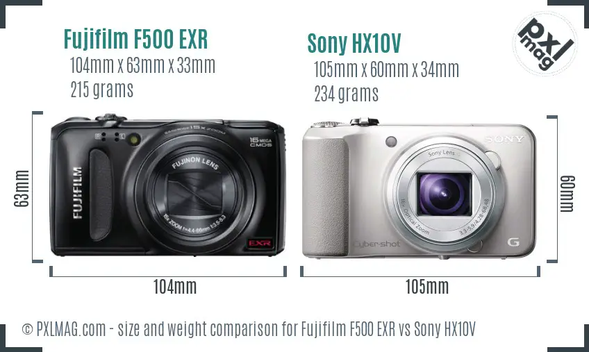 Fujifilm F500 EXR vs Sony HX10V size comparison