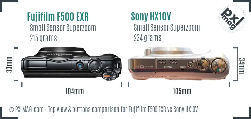 Fujifilm F500 EXR vs Sony HX10V top view buttons comparison