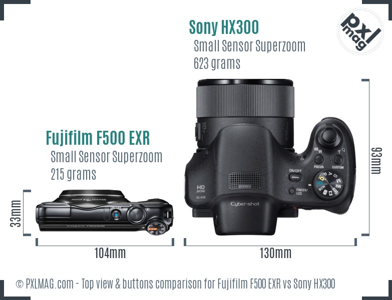 Fujifilm F500 EXR vs Sony HX300 top view buttons comparison