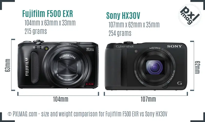 Fujifilm F500 EXR vs Sony HX30V size comparison