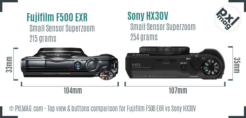 Fujifilm F500 EXR vs Sony HX30V top view buttons comparison