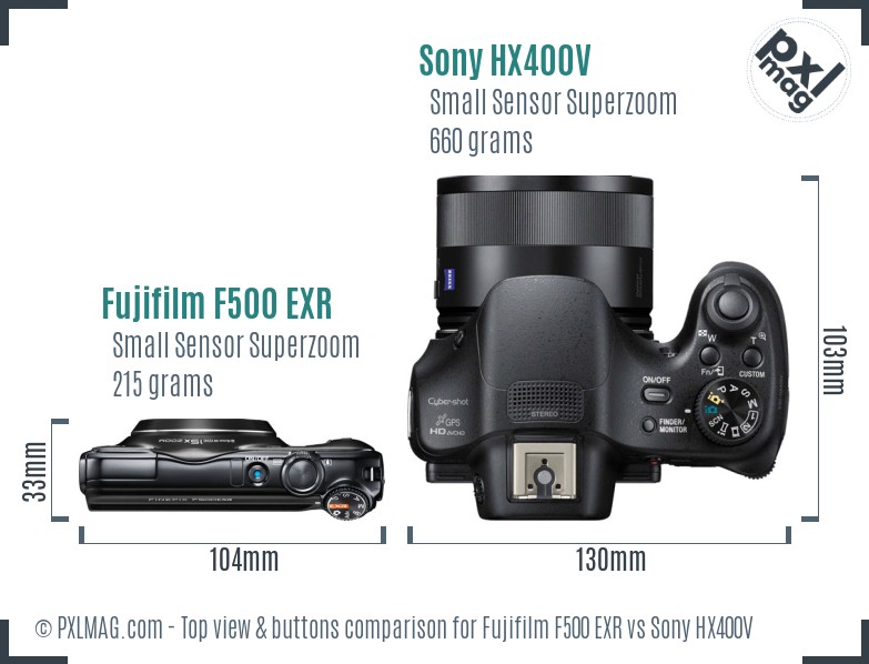 Fujifilm F500 EXR vs Sony HX400V top view buttons comparison