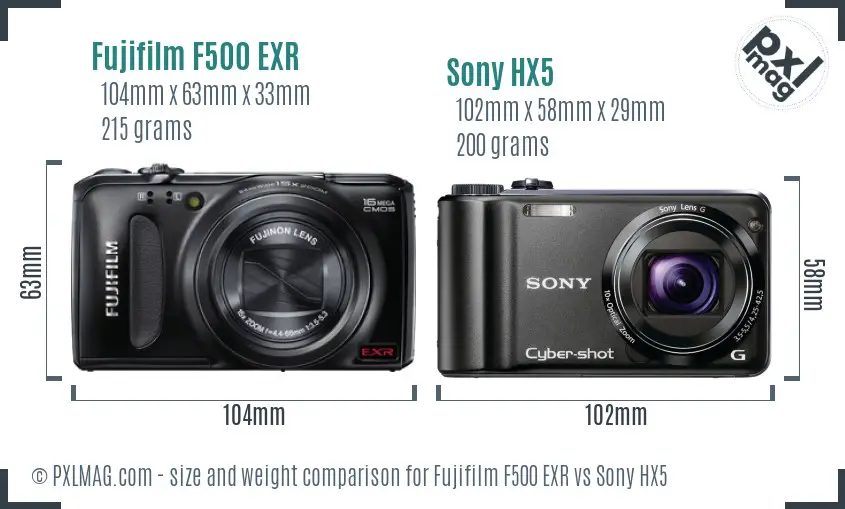 Fujifilm F500 EXR vs Sony HX5 size comparison