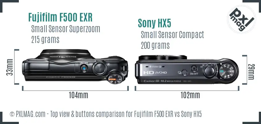 Fujifilm F500 EXR vs Sony HX5 top view buttons comparison