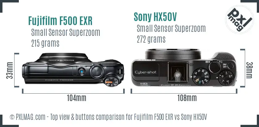 Fujifilm F500 EXR vs Sony HX50V top view buttons comparison Fujifilm F500 EXR vs Sony HX50V top view buttons comparison