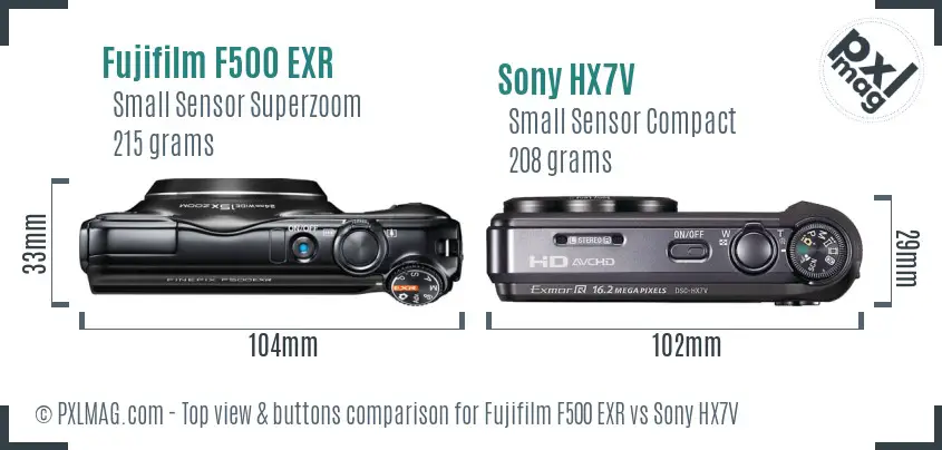 Fujifilm F500 EXR vs Sony HX7V top view buttons comparison