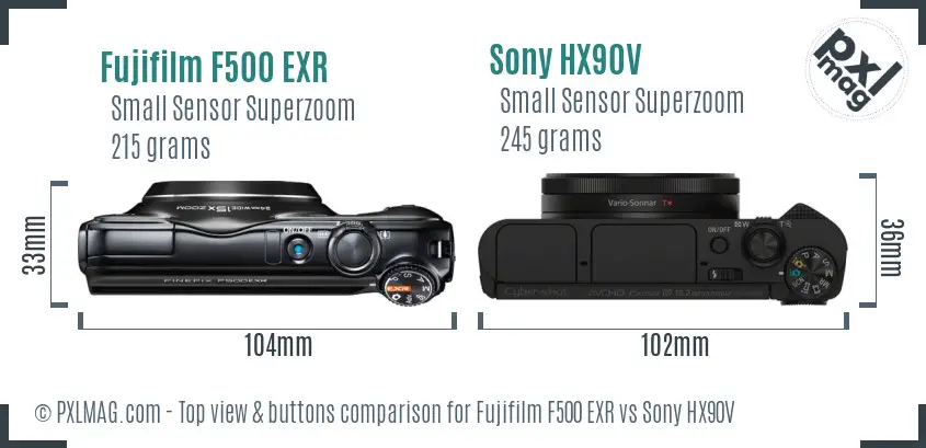 Fujifilm F500 EXR vs Sony HX90V top view buttons comparison
