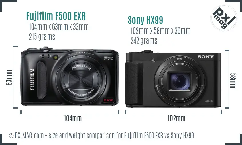 Fujifilm F500 EXR vs Sony HX99 size comparison