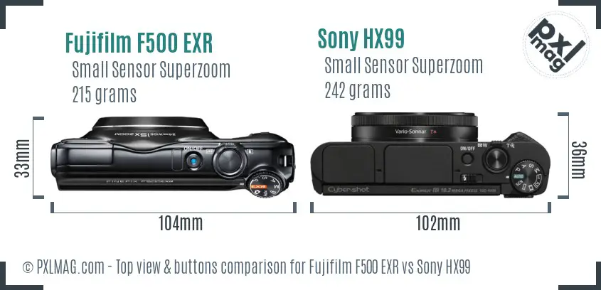 Fujifilm F500 EXR vs Sony HX99 top view buttons comparison