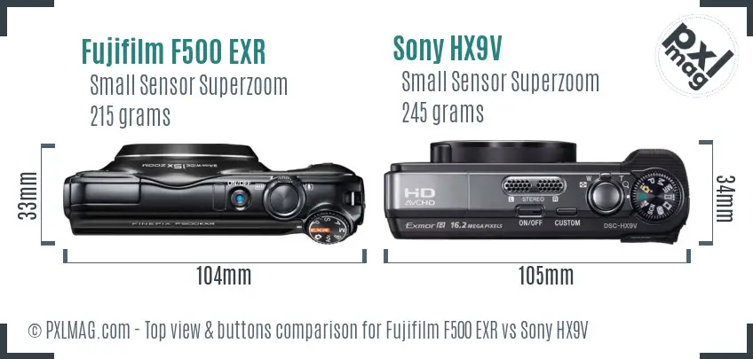 Fujifilm F500 EXR vs Sony HX9V top view buttons comparison Fujifilm F500 EXR vs Sony HX9V top view buttons comparison