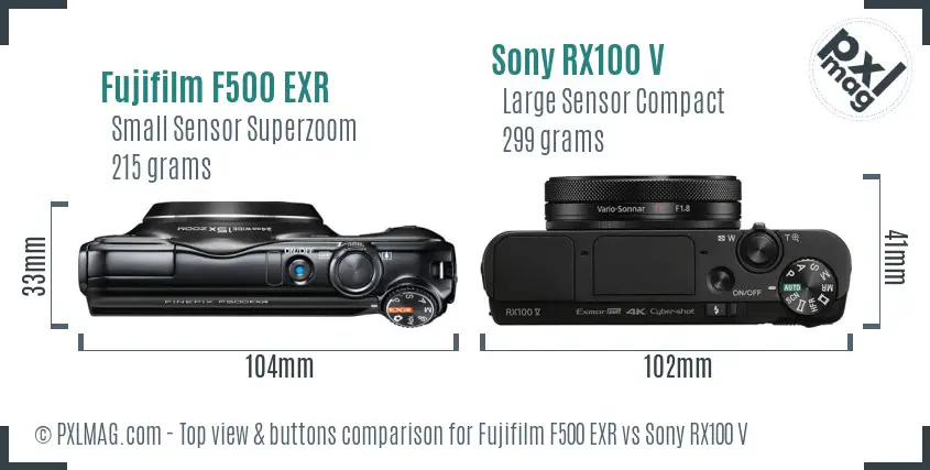 Fujifilm F500 EXR vs Sony RX100 V top view buttons comparison Fujifilm F500 EXR vs Sony RX100 V top view buttons comparison