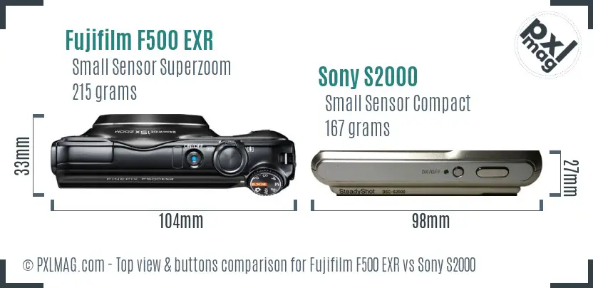 Fujifilm F500 EXR vs Sony S2000 top view buttons comparison