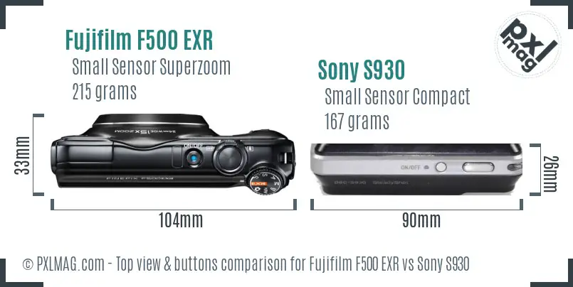 Fujifilm F500 EXR vs Sony S930 top view buttons comparison Fujifilm F500 EXR vs Sony S930 top view buttons comparison