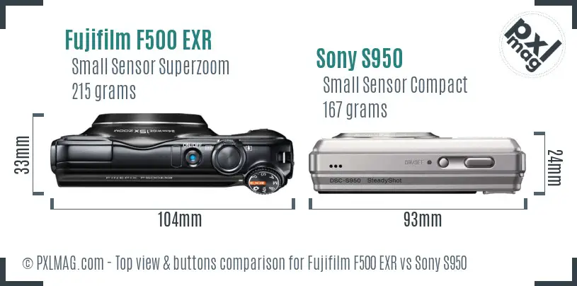 Fujifilm F500 EXR vs Sony S950 top view buttons comparison