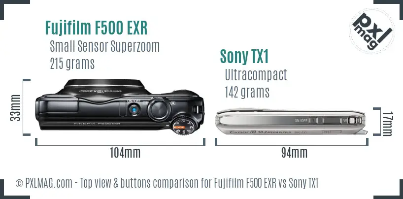 Fujifilm F500 EXR vs Sony TX1 top view buttons comparison
