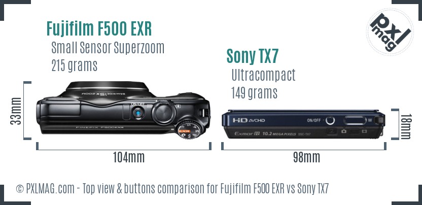 Fujifilm F500 EXR vs Sony TX7 top view buttons comparison